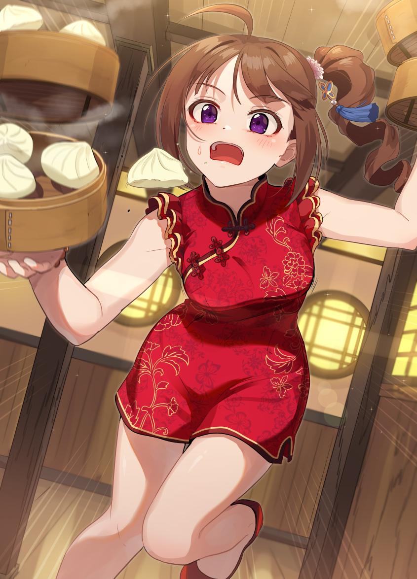 1girl ahoge balancing breasts brown_hair china_dress chinese_clothes chinese_food dress drill_hair eyebrows_visible_through_hair floral_print hair_ornament idolmaster idolmaster_million_live! idolmaster_million_live!_theater_days indoors kamille_(vcx68) leg_up long_hair looking_at_viewer open_mouth red_dress red_footwear side_ponytail sleeveless sleeveless_dress solo steam sweatdrop violet_eyes wooden_floor wooden_wall yokoyama_nao