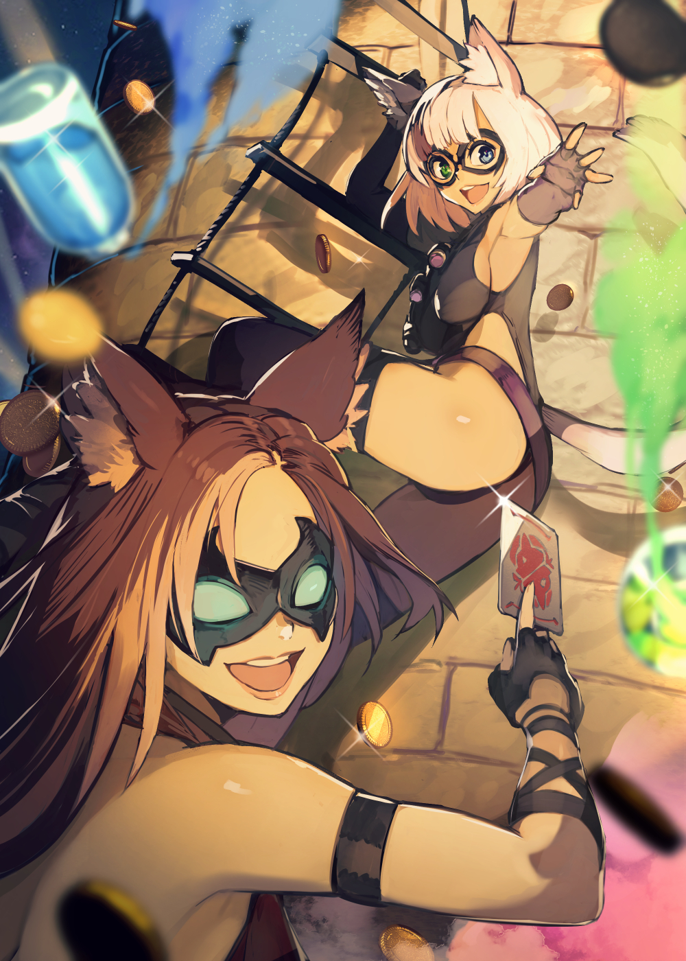 2girls animal_ear_fluff animal_ears armband bangs black_legwear brown_hair card cat_ears cat_tail coin domino_mask fingerless_gloves forehead gloves heterochromia hide_(hideout) highres looking_at_viewer mask multiple_girls open_mouth original rope_ladder short_hair tail thigh-highs white_hair