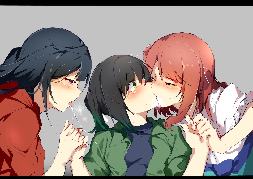 3girls after_kiss black_hair blush closed_eyes commentary green_eyes green_hair grey_background holding_hands interlocked_fingers jacket kiss long_hair love_live! love_live!_nijigasaki_high_school_idol_club medium_hair multicolored_hair multiple_girls red_eyes redhead saliva saliva_trail shirt side_bun simple_background surprise_kiss surprised takasaki_yuu tongue twintails uehara_ayumu yuri yuuki_setsuna_(love_live!) zhanzhangzlw