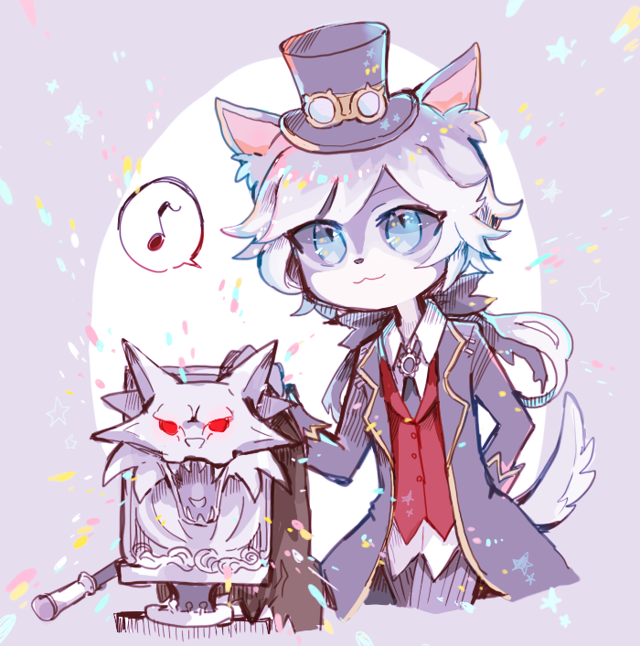 1boy :3 animal_ears biko0205 black_bow black_coat black_neckwear blue_eyes body_fur bow coat collared_shirt colored_sclera furry grey_fur grey_sclera hair_bow hat identity_v joseph_desaulniers long_sleeves male_focus moonlight_gentleman_(identity_v) musical_note necktie official_alternate_costume ponytail red_vest shirt simple_background spoken_musical_note standing tail top_hat vest white_fur white_hair white_shirt