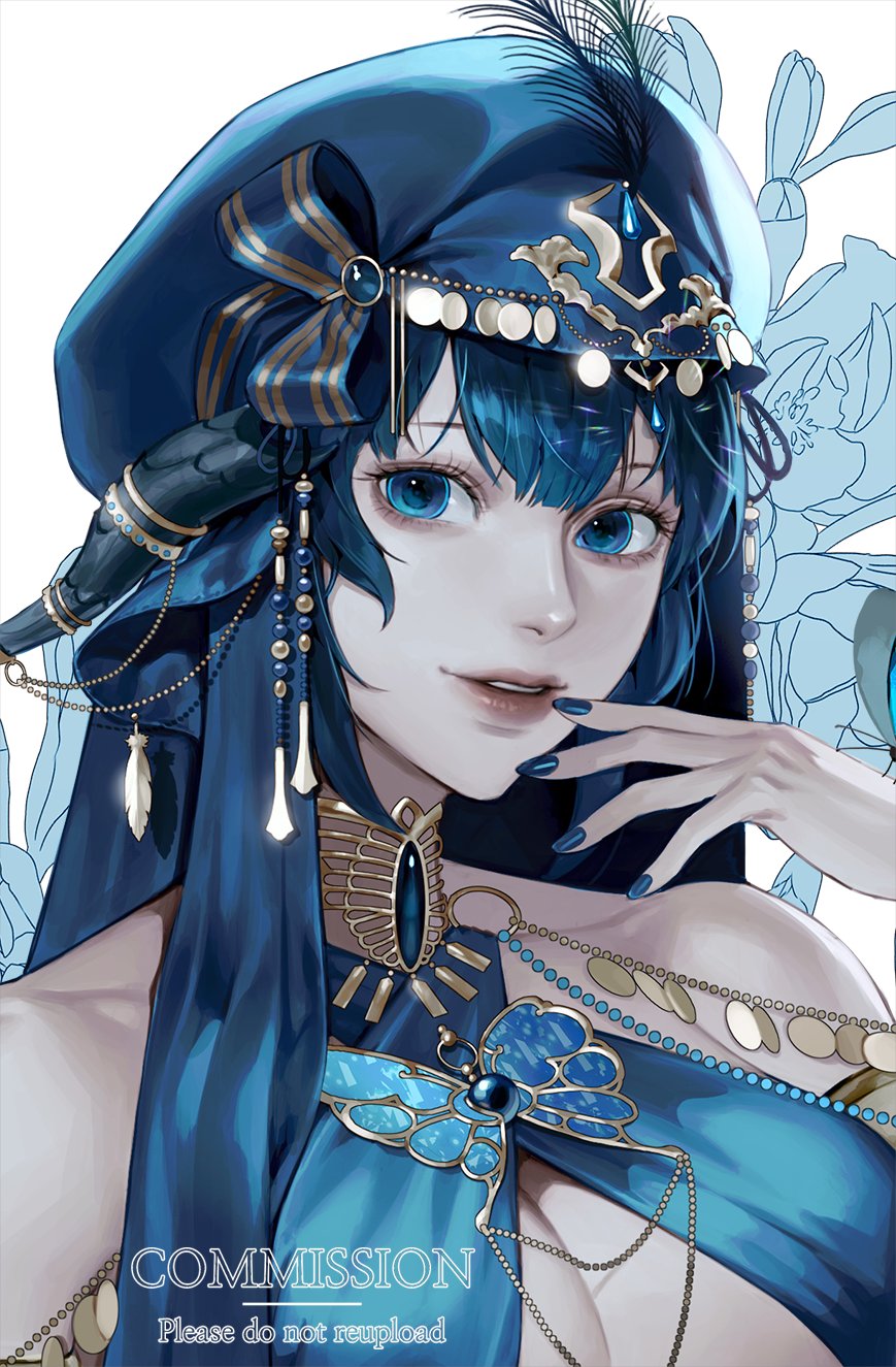 1girl au_ra bangs blue_eyes blue_hair blue_headwear blue_nails butterfly_ornament commission dolphin_5098 emain_(honkittyhonk) feathers final_fantasy final_fantasy_xiv highres jewelry looking_at_viewer parted_lips portrait smile solo