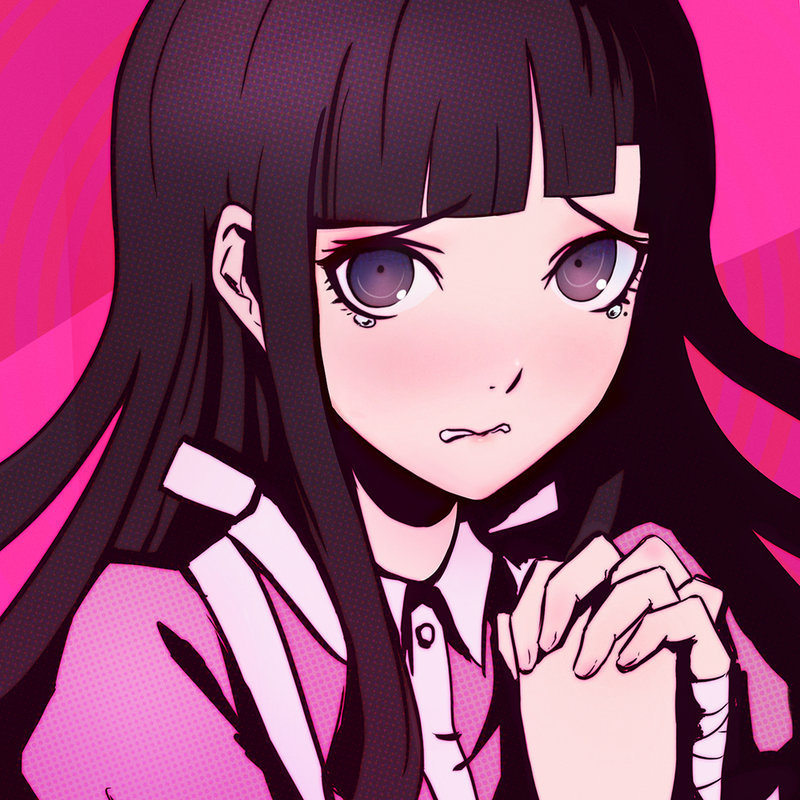 1girl bangs black_eyes black_hair blunt_bangs blush commentary dangan_ronpa_(series) dangan_ronpa_2:_goodbye_despair hands_clasped long_hair looking_at_viewer open_mouth own_hands_together pink_background pink_shirt qosic shirt solo sweatdrop tearing_up tsumiki_mikan upper_body