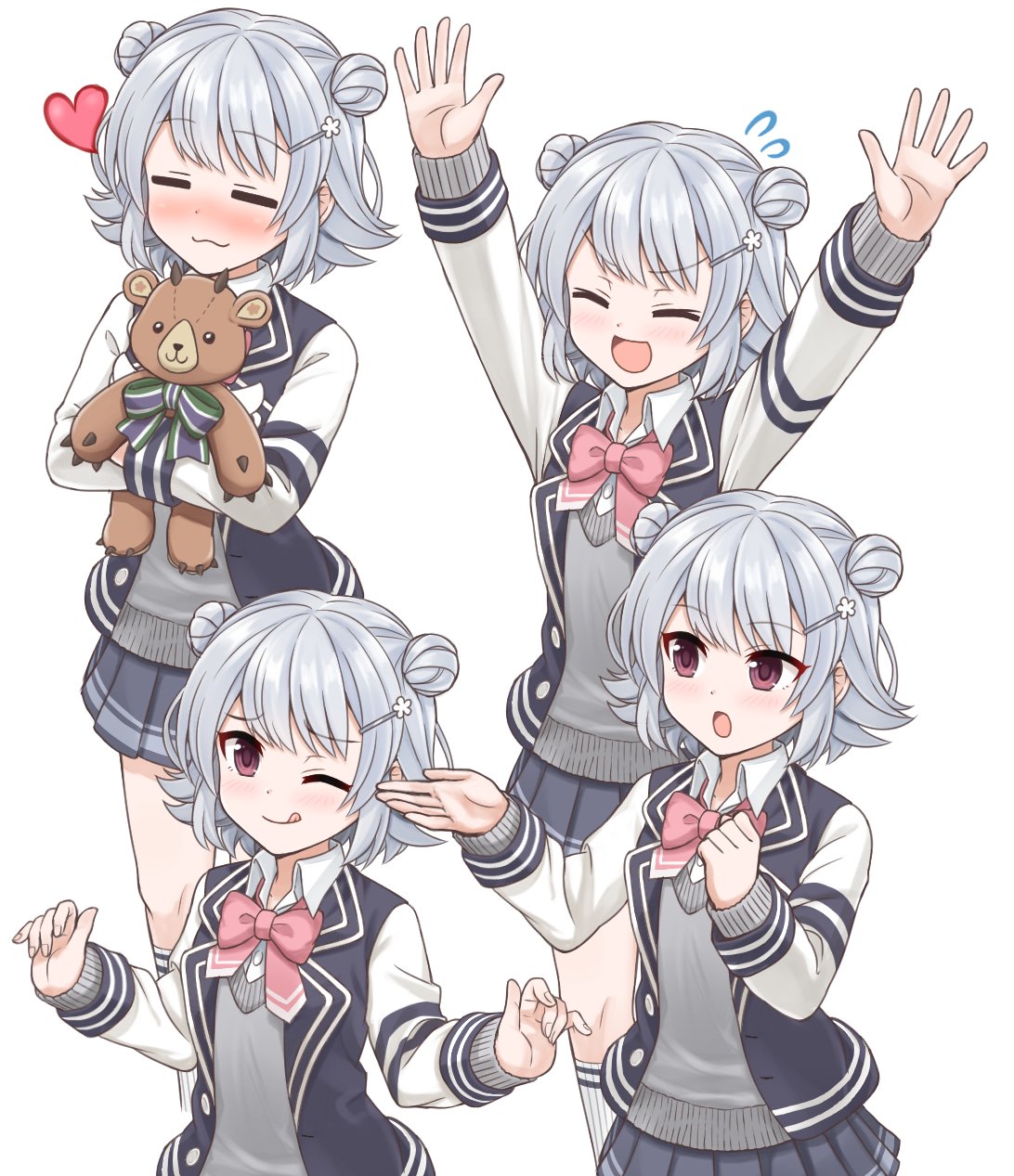 :3 arms_up ascot blazer blue_jacket blue_skirt blush cevio closed_eyes commentary double_bun grey_hair grey_sweater highres holding holding_stuffed_toy horns jacket koharu_rikka lakiston looking_at_viewer miniskirt multiple_views nichika_(nitikapo) one_eye_closed outstretched_arms pink_neckwear pleated_skirt raglan_sleeves ribbon school_uniform short_hair skirt smile striped striped_ribbon stuffed_animal stuffed_toy sweater teddy_bear tongue tongue_out violet_eyes voiceroid white_background