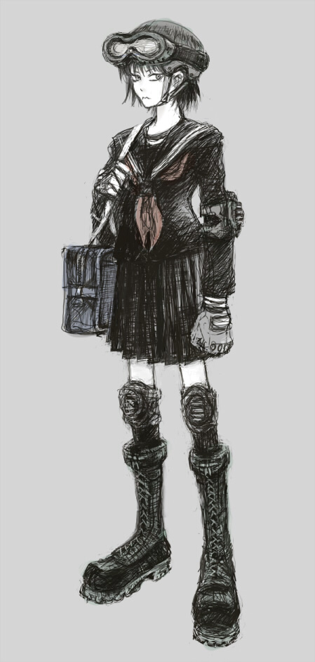 1girl bag blue_bag boots clenched_hand closed_mouth elbow_pads fingerless_gloves gloves goggles goggles_on_headwear grey_background greyscale helmet knee_pads monochrome original otsu_(outsunaruse) red_neckwear school_bag school_uniform serafuku short_hair simple_background sketch skirt solo spot_color standing uniform