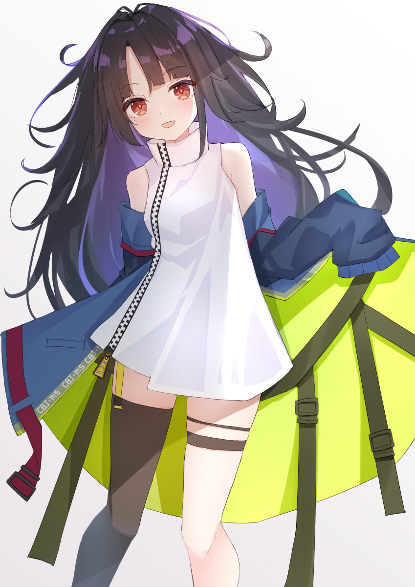 1girl :d bangs bare_shoulders black_hair black_legwear blue_jacket blush breasts brown_eyes c-ms_(girls_frontline) commentary_request dress ecleil eyebrows_visible_through_hair feet_out_of_frame girls_frontline gradient gradient_background grey_background head_tilt highres jacket long_hair looking_at_viewer multicolored_hair off_shoulder open_clothes open_jacket open_mouth parted_bangs purple_hair single_thighhigh sleeveless sleeveless_dress small_breasts smile solo standing thigh-highs two-tone_hair very_long_hair white_background white_dress