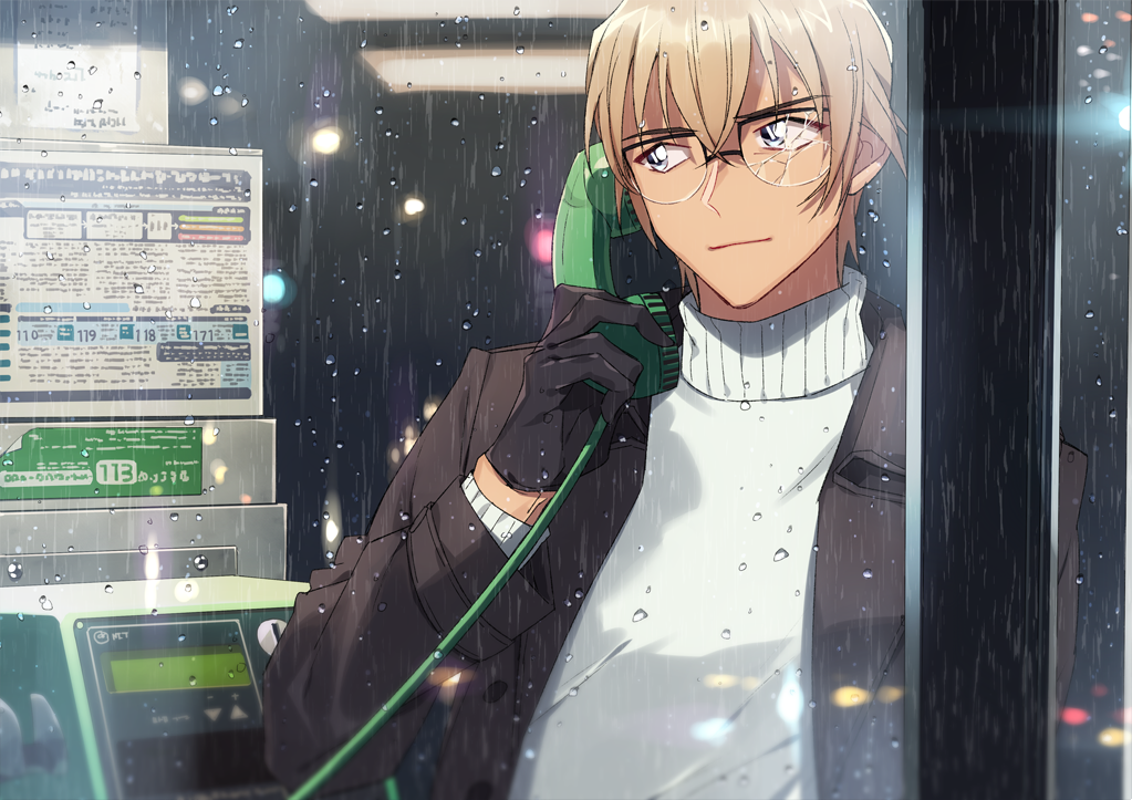 1boy amuro_tooru bangs bespectacled black-framed_eyewear black_gloves blonde_hair brown_jacket casual closed_mouth commentary_request crack glasses gloves hair_between_eyes holding holding_phone jacket k_gear_labo looking_to_the_side male_focus meitantei_conan open_clothes open_jacket outdoors payphone phone phone_booth rain short_hair smile solo sweater turtleneck turtleneck_sweater upper_body white_sweater