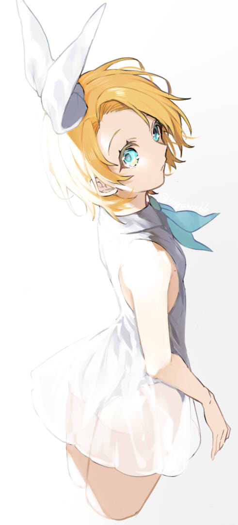 1girl ass bangs bare_arms bare_shoulders blonde_hair blue_eyes blue_neckwear closed_mouth cropped_legs dress gradient gradient_background grey_background hair_ribbon kagamine_rin looking_at_viewer looking_back neckerchief parted_bangs ribbon see-through sleeveless sleeveless_dress sogawa solo vocaloid white_background white_dress white_ribbon