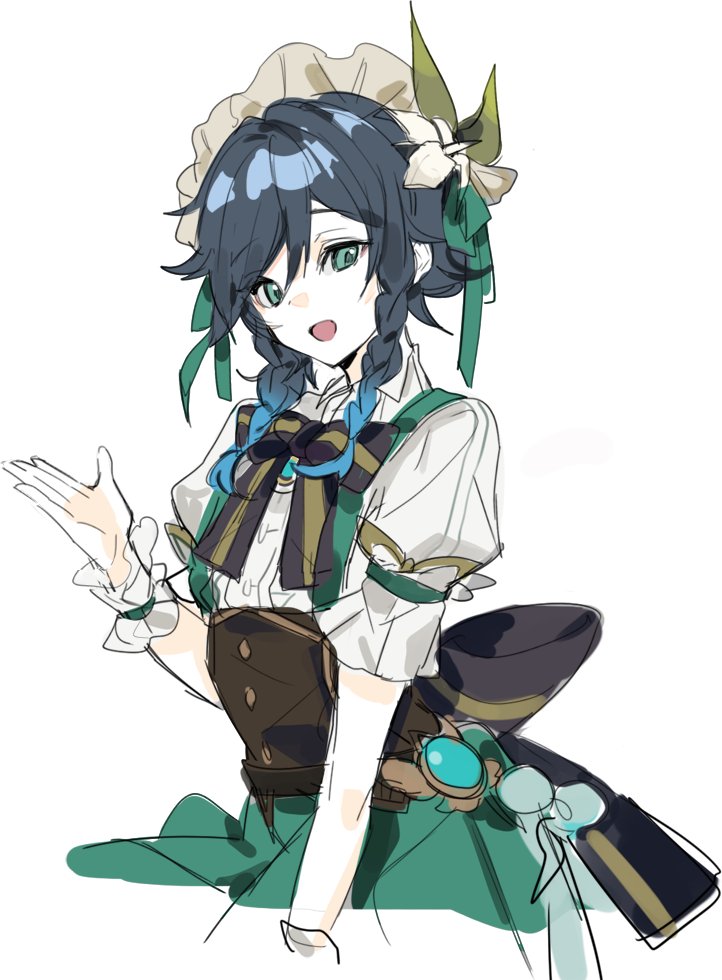 1boy alternate_costume black_hair blue_hair bow braid eyebrows_visible_through_hair flower genshin_impact green_eyes hair_between_eyes hair_flower hair_ornament maid_headdress male_focus multicolored multicolored_hair open_hand open_mouth simple_background sketch smile solo striped striped_bow tango_0906 venti_(genshin_impact) vision_(genshin_impact) white_background white_flower