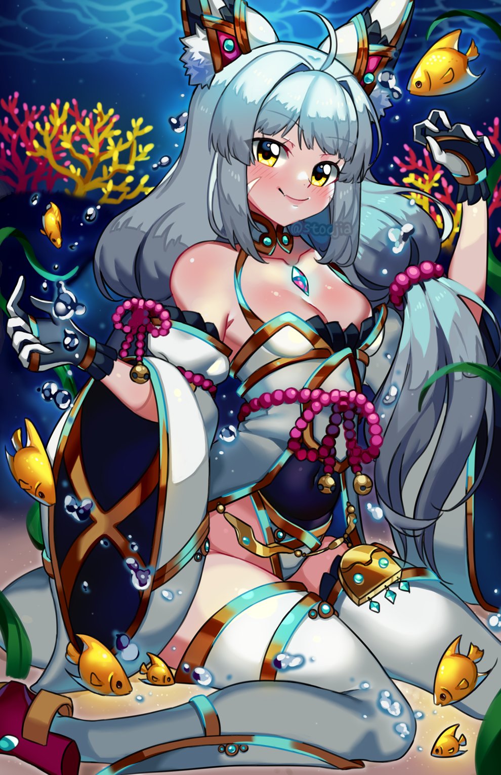 1girl animal_ears breasts cat_ears cat_girl coral facial_tattoo fish gloves highres leotard nia_(xenoblade) silver_hair small_breasts smile solo tattoo underwater water xenoblade_chronicles_(series) xenoblade_chronicles_2 yagi_(kyuhyun) yellow_eyes