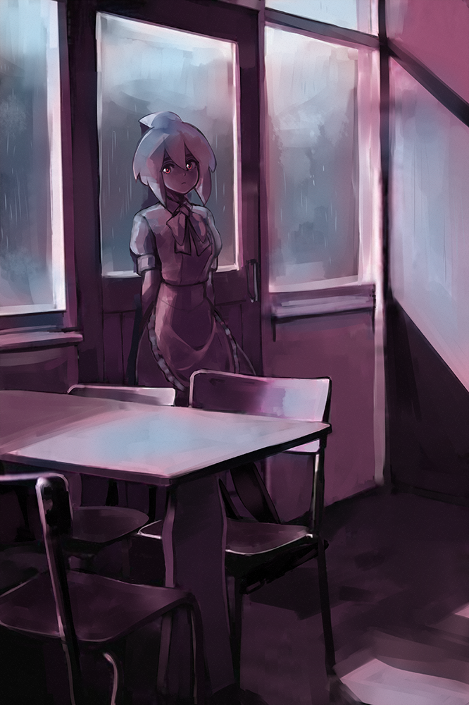apron azuumori chair dress english_commentary expressionless frilled_apron frills hair_between_eyes indoors muted_color original puffy_short_sleeves puffy_sleeves shark_girl_(azuumori) short_hair short_sleeves table window
