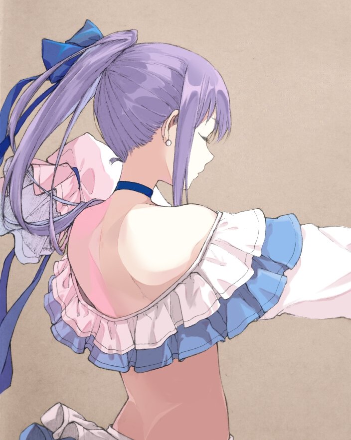 1girl back bare_shoulders blue_bow blue_choker bow brown_background choker closed_eyes coffeekite earrings fate/grand_order fate_(series) frills from_behind hair_bow jewelry long_hair long_sleeves meltryllis meltryllis_(swimsuit_lancer)_(fate) off_shoulder ponytail profile purple_hair sidelocks simple_background sleeves_past_fingers sleeves_past_wrists solo upper_body