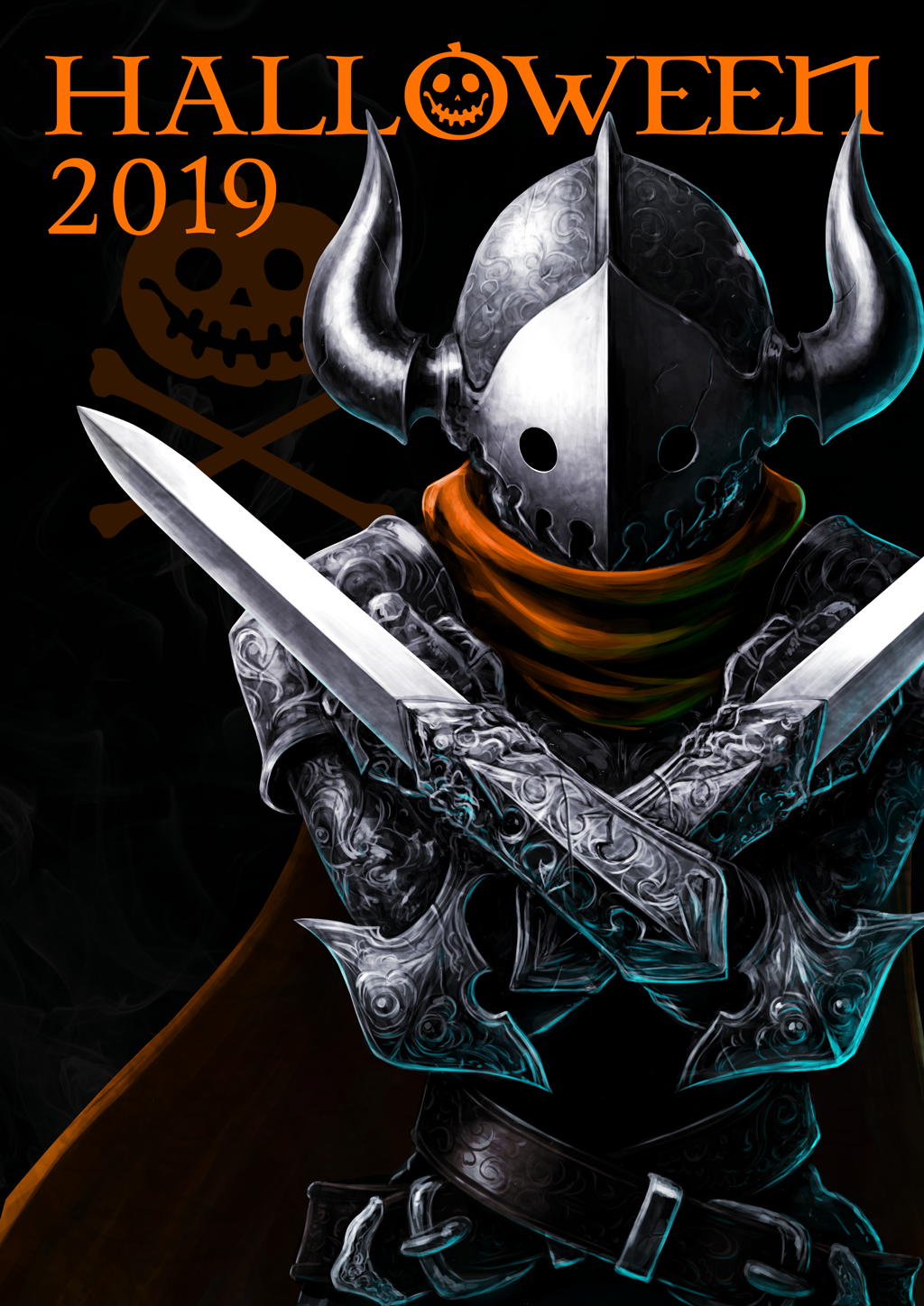 arm_blade armor belt blade cape clenched_hands english_text full_armor gauntlets halloween happy_halloween helm helmet highres horned_headwear horned_helmet orange_cape original pauldrons pumpkin sasaki_(sasaki1de0) scratches shoulder_armor vambraces weapon