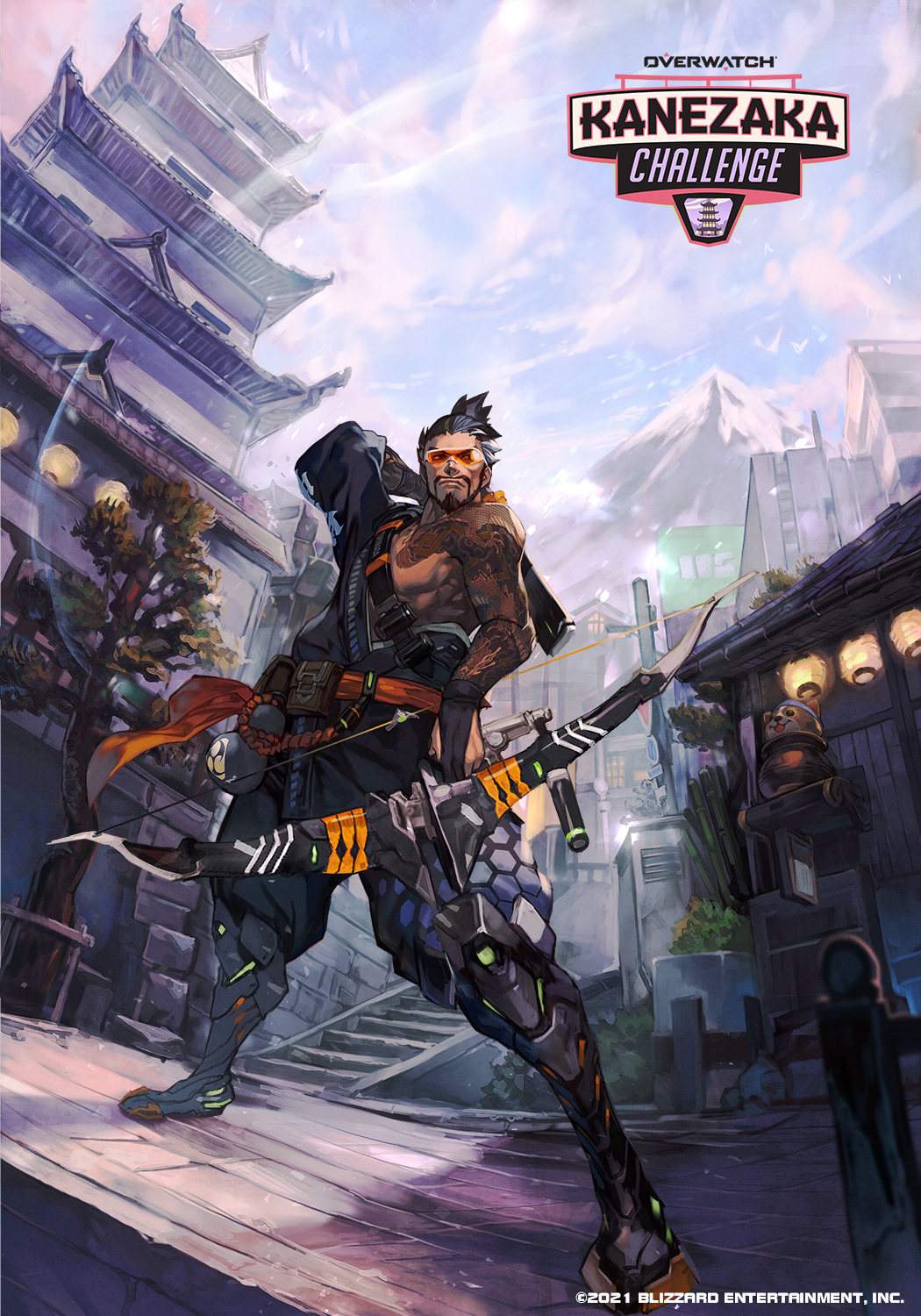 1boy 2021 architecture arm_tattoo arm_up beard black_hair blue_sky bow_(weapon) brown_eyes building closed_mouth copyright_name east_asian_architecture facial_hair full_body grey_hair hair_pulled_back hair_ribbon hankuri hanzo_(overwatch) highres holding holding_bow_(weapon) holding_weapon hankuri japanese_clothes looking_afar male_focus mountain outdoors overwatch pectorals plant ponytail pouch ribbon serious short_hair sky standing sunlight tattoo toned toned_male tree twilight weapon