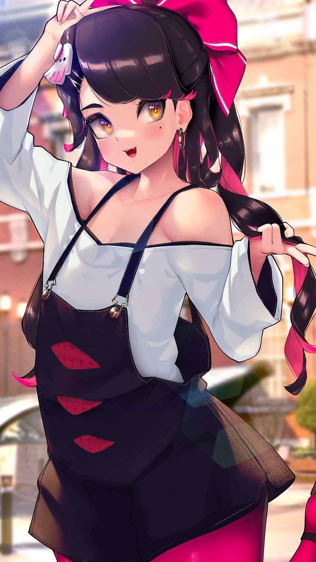 1girl bangs black_hair blush breasts callie_(splatoon) casual collarbone double_v earrings hair_ornament hair_ribbon happy highres humanization jewelry kashu_(hizake) leg_up long_hair mole mole_under_eye multicolored_hair open_mouth overalls pants pink_hair pink_pants pink_ribbon ribbon shirt shoes small_breasts solo splatoon_(series) splatoon_1 swept_bangs two-tone_hair v white_shirt yellow_eyes
