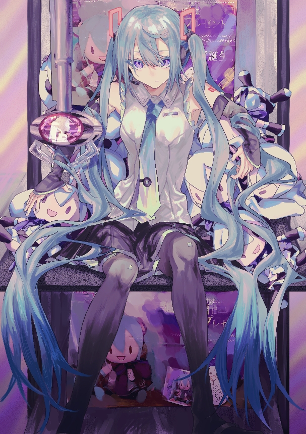 1girl aqua_hair aqua_nails aqua_neckwear bare_shoulders black_legwear black_skirt black_sleeves character_doll chinese_commentary commentary detached_sleeves hair_ornament hatsune_miku hatsune_miku_(vocaloid4) headphones headset huaji_niang long_hair looking_at_viewer miniskirt nail_polish necktie open_mouth photo_background pleated_skirt sangatsu_youka_(style) shirt shoulder_tattoo silhouette sitting skirt sleeveless sleeveless_shirt smile solid_oval_eyes stuffed_toy tattoo thigh-highs twintails v4x very_long_hair violet_eyes vocaloid white_shirt