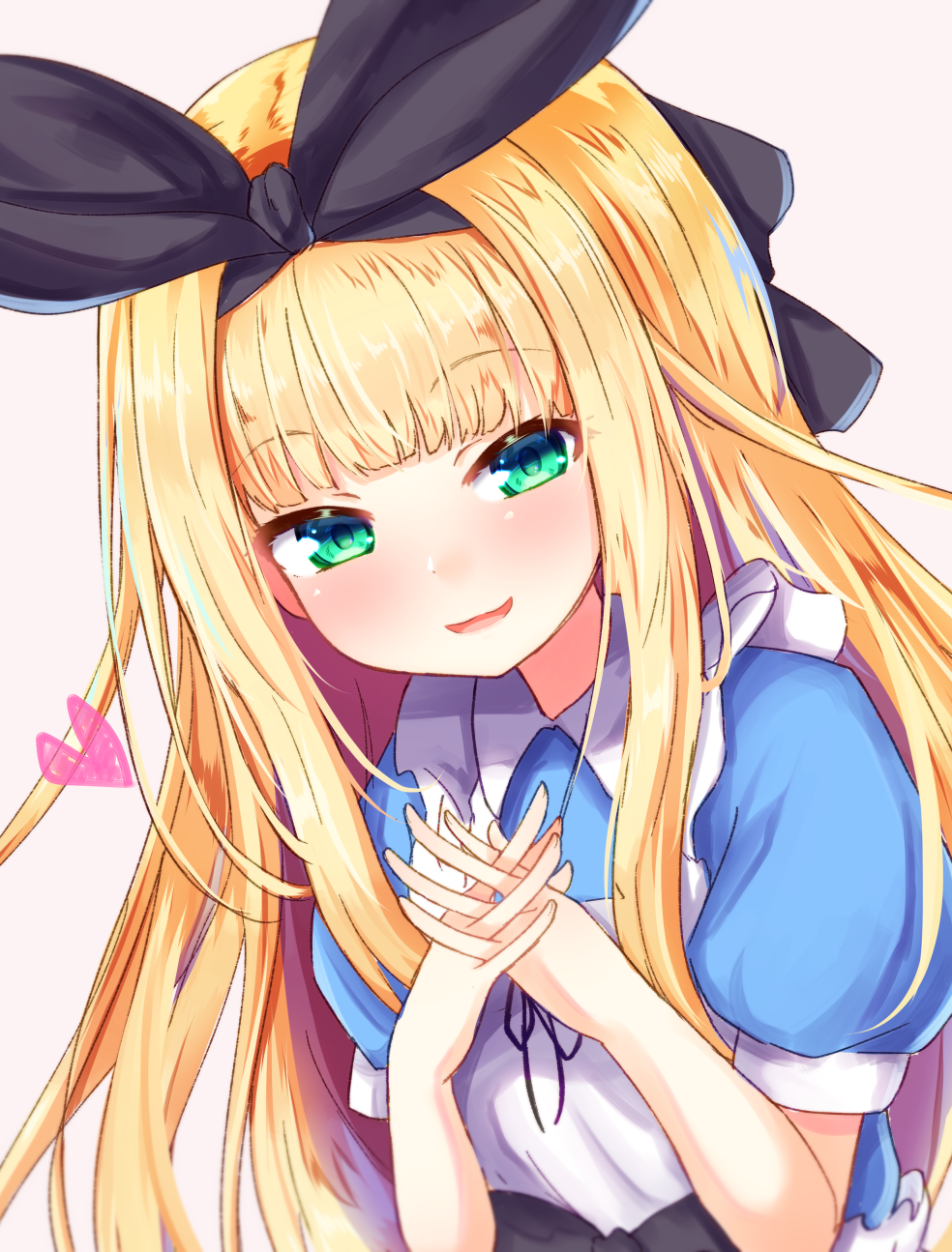 1girl bangs baram black_ribbon blonde_hair blue_dress blunt_bangs blush brown_background collared_dress commentary_request dress eyebrows_visible_through_hair green_eyes hair_ribbon hands_together hands_up heart highres interlocked_fingers long_hair looking_at_viewer mononobe_alice nijisanji own_hands_together puffy_short_sleeves puffy_sleeves ribbon short_sleeves simple_background smile solo upper_body very_long_hair virtual_youtuber