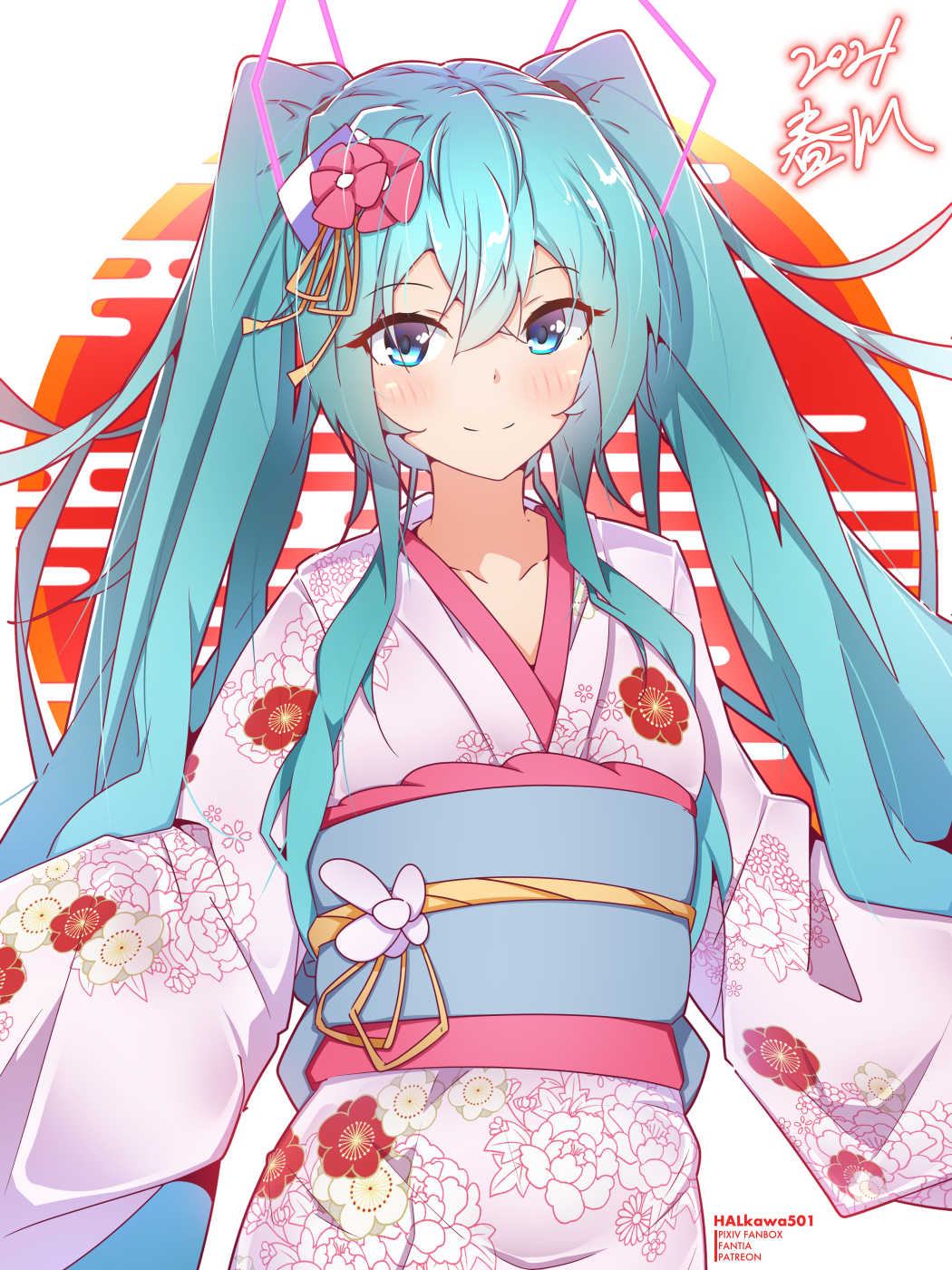 1girl 2021 aqua_eyes aqua_hair cherry_blossom_print collarbone commentary egasumi floral_print flower hair_flower hair_ornament harukawa_(hal501) hatsune_miku highres japanese_clothes kanzashi kimono long_hair looking_at_viewer obi pink_kimono red_sun sash signature smile solo twintails upper_body very_long_hair vocaloid