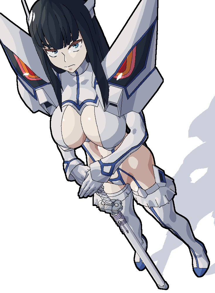 1girl black_hair black_outline blue_eyes breasts closed_mouth gloves hand_on_hilt junketsu katana kill_la_kill kiryuuin_satsuki lol_(harikofu) long_hair navel outline scabbard sheath sheathed simple_background solo sword turtleneck weapon white_background white_gloves white_legwear