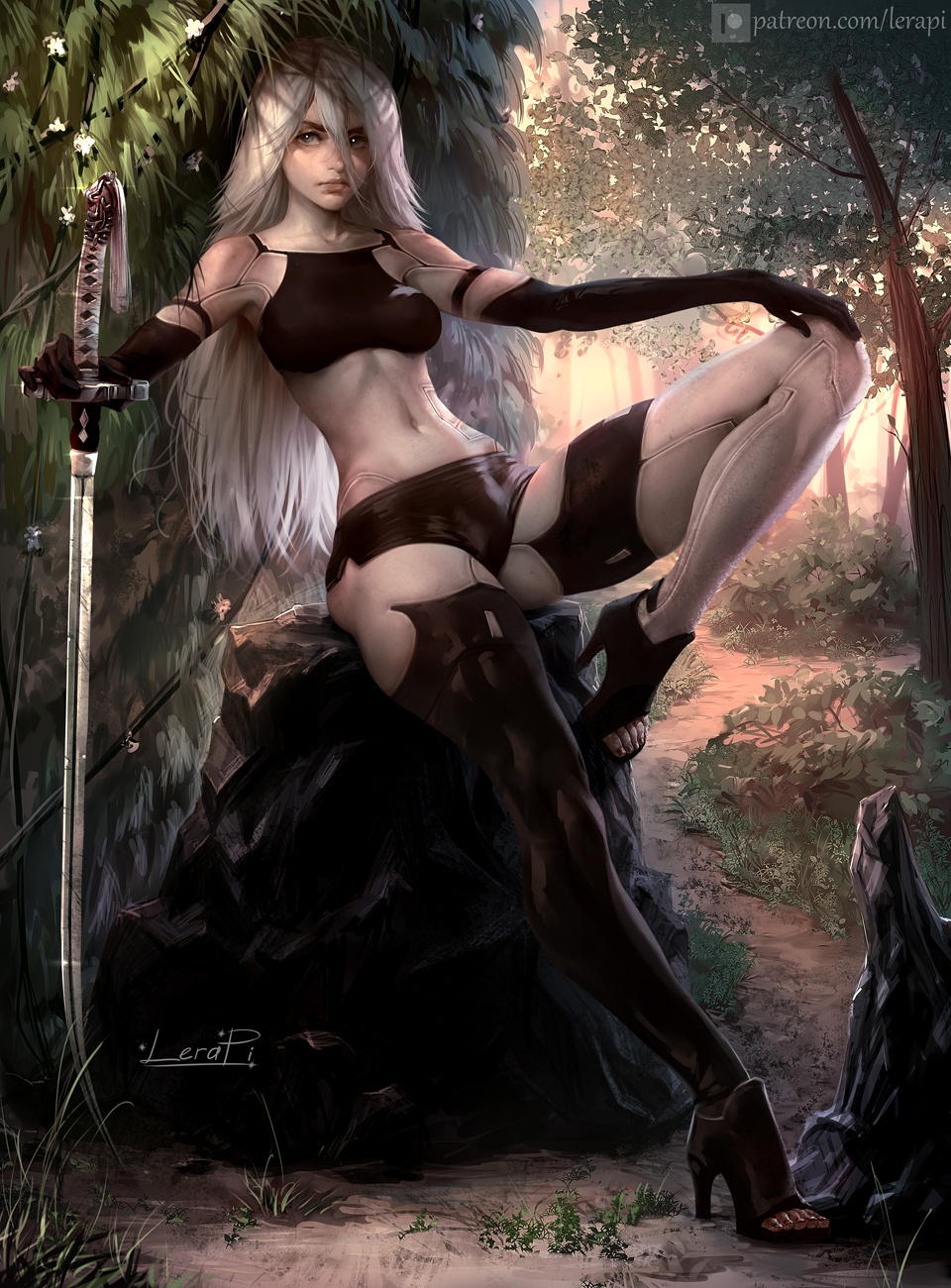 1girl android black_shorts elbow_gloves gloves grass hand_on_own_knee high_heels highres joints knee_up lera_pi long_hair looking_at_viewer navel nier_(series) nier_automata open_toe_shoes robot_joints rock shade short_shorts shorts silver_hair single_thighhigh sitting solo stomach sword thigh-highs toes tree weapon yorha_type_a_no._2