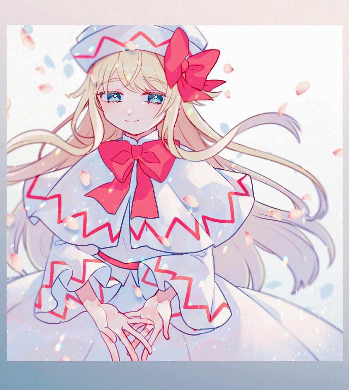 1girl bangs blonde_hair blue_eyes blush bow bowtie capelet closed_mouth dress eyebrows_visible_through_hair falling_petals gradient_border hair_bow hat highres katai_(nekoneko0720) lily_white long_hair looking_down open_hand petals red_bow red_neckwear simple_background smile solo touhou upper_body very_long_hair white_background white_capelet white_dress white_headwear wide_sleeves