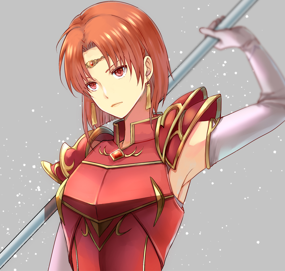 1girl anzk232 armor circlet closed_mouth earrings elbow_gloves fire_emblem fire_emblem:_the_binding_blade fire_emblem_heroes gloves headpiece holding holding_weapon jewelry melady_(fire_emblem) red_armor red_eyes redhead short_hair solo weapon