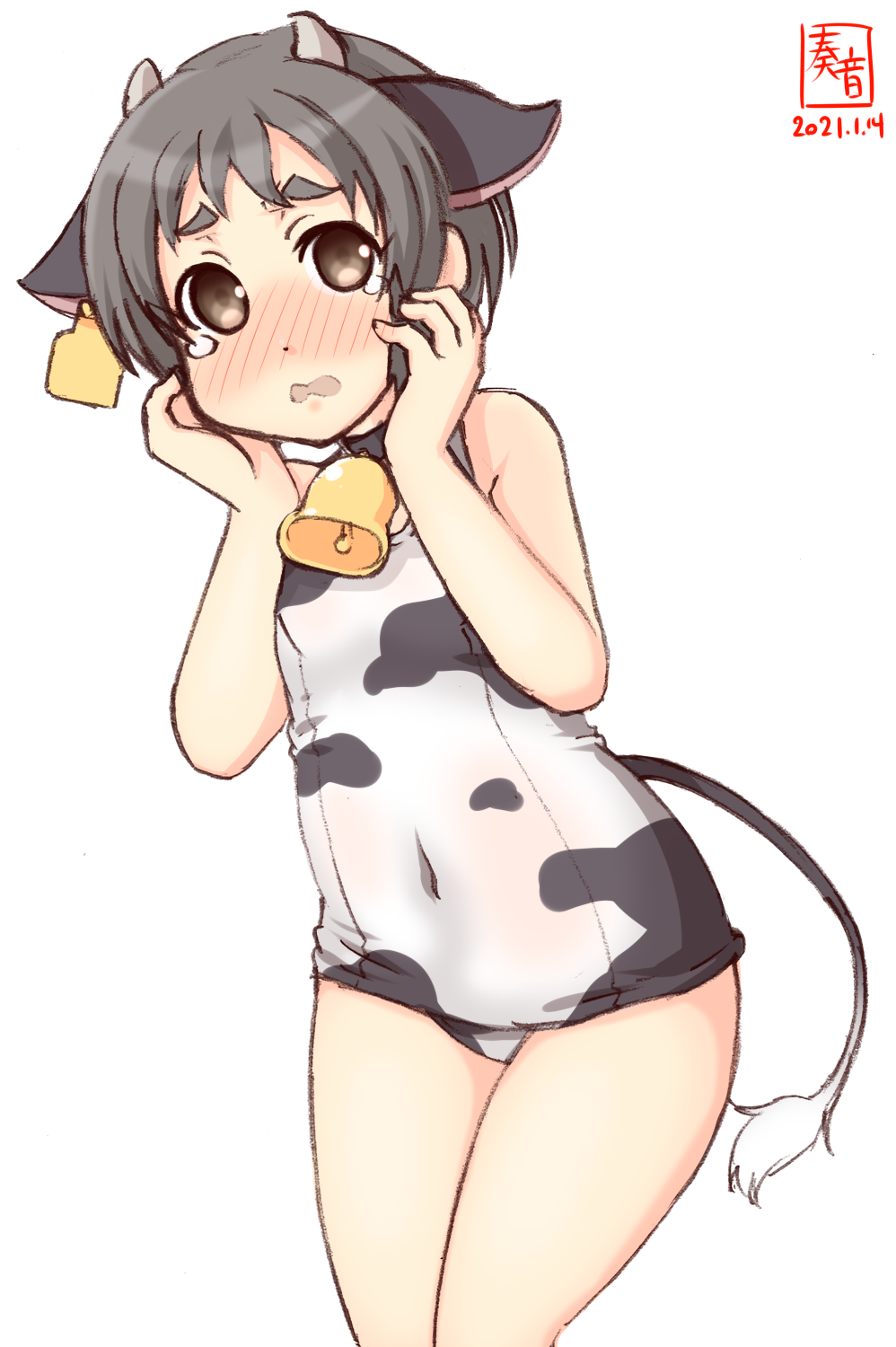 1girl alternate_costume animal_ears animal_print artist_logo bell bell_collar black_hair blush brown_eyes collar commentary_request covered_navel cow_ears cow_horns cow_print cow_tail cowbell cowboy_shot dated ear_tag embarrassed hands_on_own_face highres horns kanon_(kurogane_knights) kantai_collection looking_at_viewer maru-yu_(kantai_collection) open_mouth school_swimsuit short_hair simple_background solo standing swimsuit tail tears white_background
