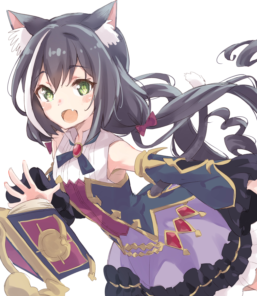 1girl :d animal_ear_fluff animal_ears bangs bare_shoulders black_hair black_sleeves blush book boshi_(a-ieba) breasts cat_ears cat_girl cat_tail commentary_request detached_sleeves eyebrows_visible_through_hair fang frilled_skirt frills green_eyes hair_between_eyes highres karyl_(princess_connect!) long_hair long_sleeves looking_at_viewer low_twintails multicolored_hair open_book open_mouth princess_connect! princess_connect!_re:dive purple_skirt shirt simple_background skirt sleeveless sleeveless_shirt small_breasts smile solo streaked_hair tail tail_raised twintails very_long_hair white_background white_hair white_shirt wide_sleeves