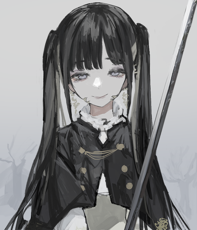 1girl bare_tree black_capelet black_hair capelet closed_mouth es-ther eyebrows_visible_through_hair grey_eyes holding holding_sword holding_weapon long_hair original outdoors rene_(es-ther) smile solo sword tree twintails upper_body weapon