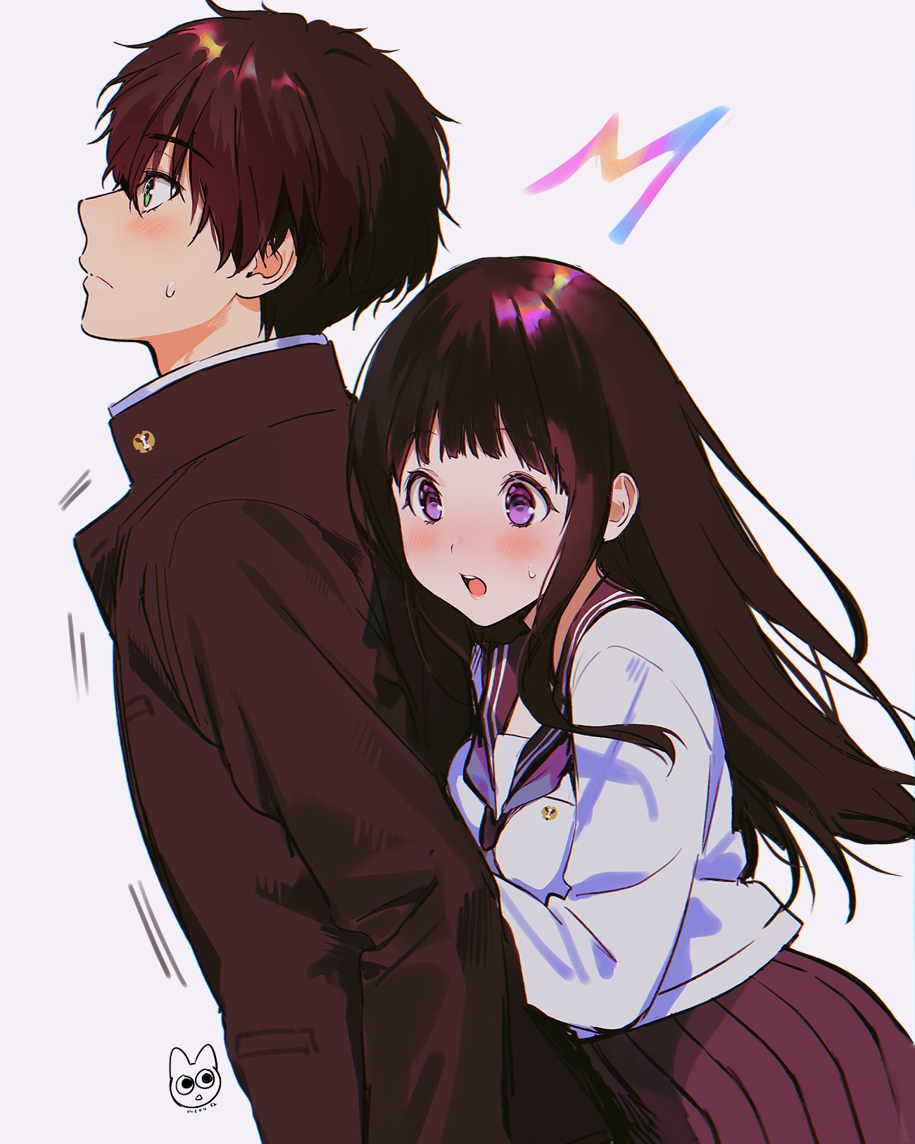 1boy 1girl artist_logo bangs behind_another black_hair blush brown_hair brown_jacket chitanda_eru cowboy_shot embarrassed eyebrows_visible_through_hair from_side green_eyes highres hyouka jacket kamiyama_high_school_uniform long_hair long_sleeves looking_at_viewer mery_(yangmalgage) open_mouth oreki_houtarou pleated_skirt profile sailor_collar school_uniform serafuku short_hair skirt sweatdrop violet_eyes