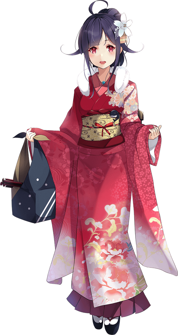 1girl ahoge blush flower full_body hair_flaps hair_flower hair_ornament japanese_clothes kantai_collection kimono kujou_ichiso long_hair long_sleeves magatama obi official_art open_mouth purple_hair red_eyes red_kimono ryuuhou_(kantai_collection) sash smile solo tabi taigei_(kantai_collection) transparent_background white_flower wide_sleeves zouri