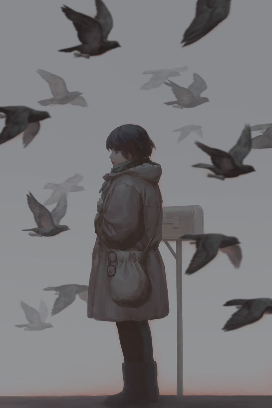 1girl animal bag bird black-framed_eyewear black_bird black_eyes black_footwear black_hair closed_mouth coat flying glasses gloves grey_bag grey_coat grey_gloves grey_theme highres mailbox_(incoming_mail) original red_lips short_hair shuchen_li solo standing winter_clothes