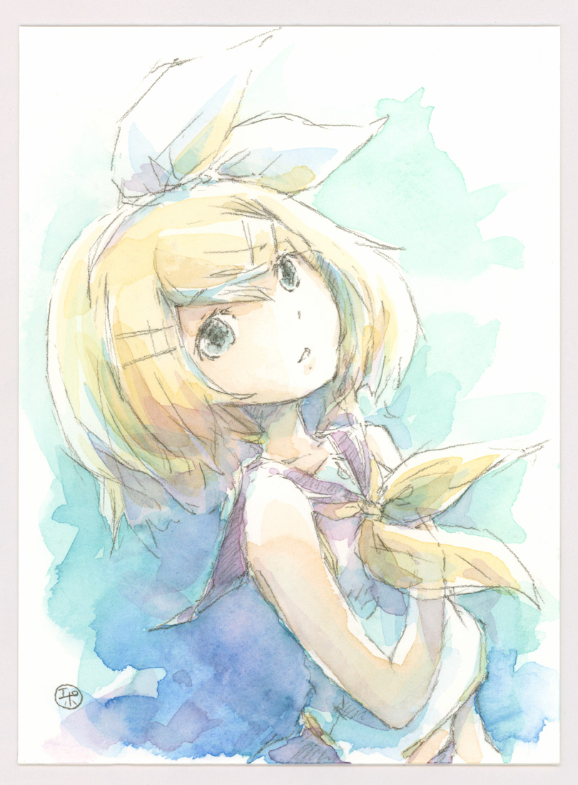 1girl bangs bare_shoulders blonde_hair blue_eyes bow epoxy_putty hair_bow hair_ornament hairclip kagamine_rin neckerchief sailor_collar school_uniform shirt short_hair sleeveless sleeveless_shirt solo swept_bangs traditional_media treble_clef upper_body vocaloid watercolor_(medium) white_bow white_shirt yellow_neckwear