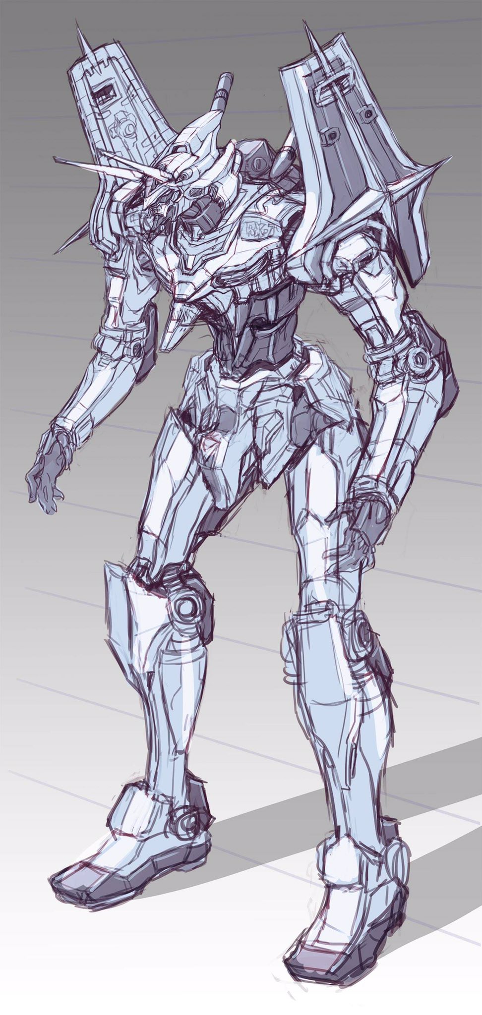 gradient gradient_background gundam highres horns looking_down maeda_hiroyuki mecha mobile_suit_gundam neon_genesis_evangelion no_humans open_hands parody redesign rx-78-2 science_fiction sketch solo style_parody white_eyes