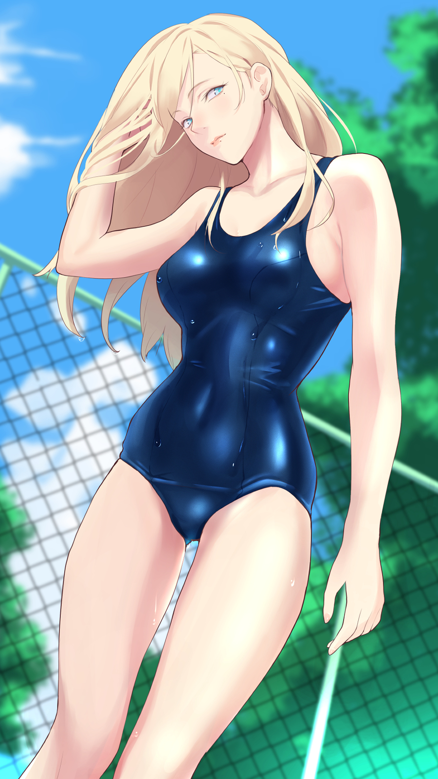 1girl blonde_hair blue_eyes blue_swimsuit blurry blurry_background blush closed_mouth collarbone day feet_out_of_frame hand_in_hair highres kantai_collection lips long_hair mole mole_under_eye mole_under_mouth one-piece_swimsuit richelieu_(kantai_collection) school_swimsuit shingyou_(alexander-13) solo swimsuit wet