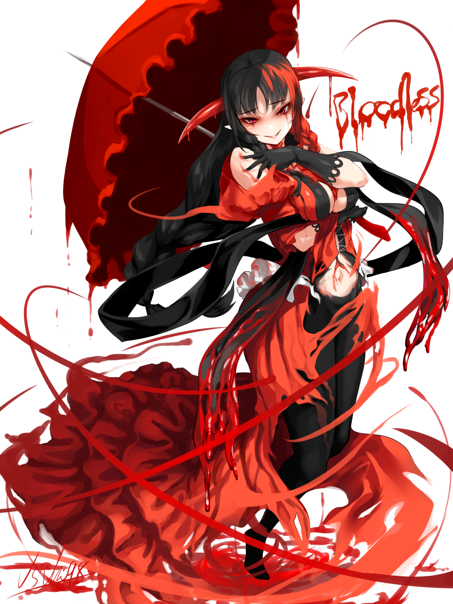 1girl bare_shoulders black_gloves black_hair blood bloodless_(bloodstained) bloodstained:_ritual_of_the_night breasts character_name corset covered_nipples dress dripping english_text eyebrows_visible_through_hair fang gloves highres holding holding_umbrella horns multicolored multicolored_hair navel parted_lips puddle red_dress red_eyes red_horns red_umbrella redhead signature simple_background solo torn torn_clothes torn_dress twintails umbrella usuki_(graygreed) white_background