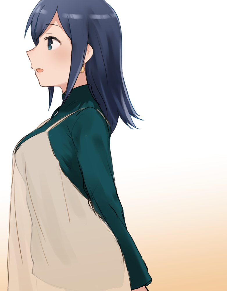 1girl arms_behind_back beige_background beige_dress blue_eyes blue_hair breasts commentary_request gradient gradient_background green_sweater hair_down kantai_collection large_breasts long_hair official_alternate_costume profile satsumi see-through solo souryuu_(kantai_collection) sweater turtleneck white_background