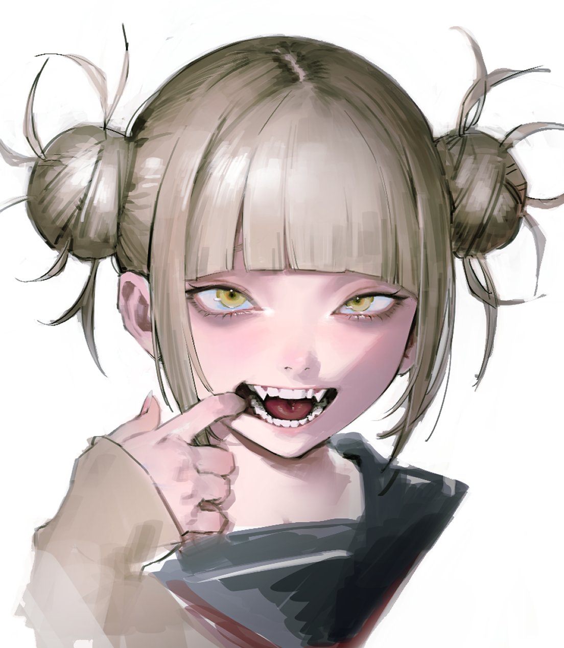 1girl bangs blonde_hair blunt_bangs boku_no_hero_academia cardigan double_bun fangs finger_in_mouth highres messy_hair open_mouth sailor_collar sidelocks simple_background sleeveless toga_himiko tongue uomi_(eqtjc) white_background yellow_eyes