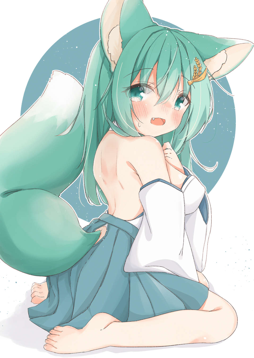 1girl animal_ear_fluff animal_ears bangs barefoot blue_skirt blush breasts clothing_cutout commentary_request day detached_sleeves eyebrows_visible_through_hair fox_ears fox_girl fox_tail full_body green_eyes green_hair hair_between_eyes hair_ornament hand_up highres indie_virtual_youtuber japanese_clothes kimono long_sleeves medium_breasts minato_yu_(0514) mitomori_tsubaki open_mouth pleated_skirt shadow sitting skirt solo sweat tail tail_cutout tail_raised virtual_youtuber wariza white_kimono white_sleeves wide_sleeves