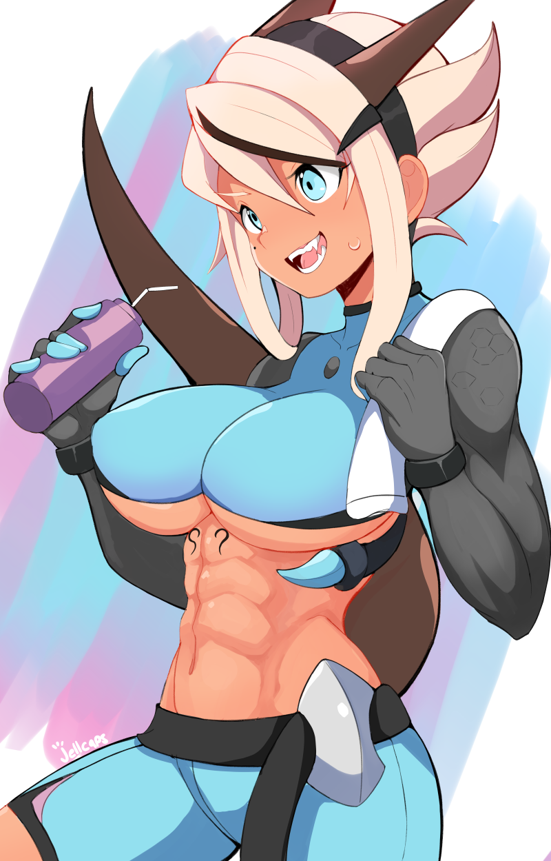 1girl abs black_hairband blue_eyes blue_shorts bottle breasts cowboy_shot fangs grey_hair hair_between_eyes hairband hands_up highres holding holding_bottle jellcaps large_breasts long_hair midriff navel open_mouth original shorts sidelocks signature smile solo tail under_boob