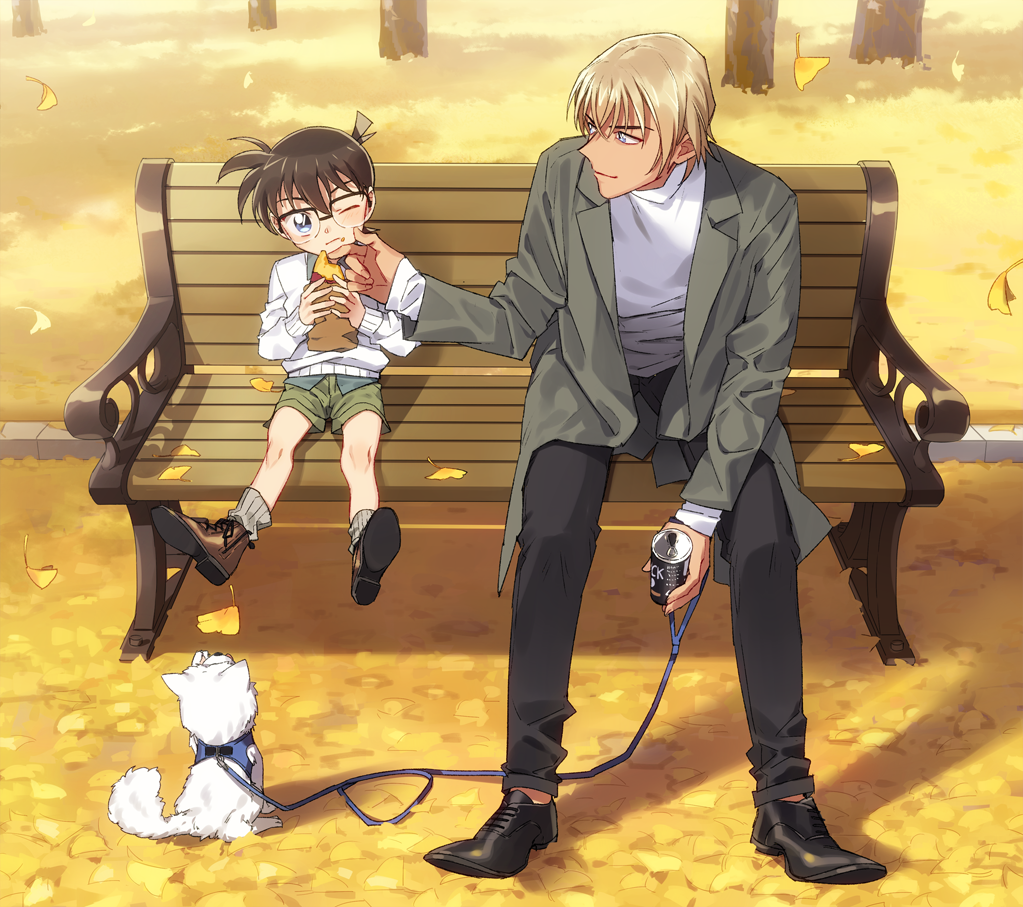2boys amuro_tooru animal autumn autumn_leaves bangs bench black-framed_eyewear black_footwear blonde_hair blue_eyes blush brown_footwear brown_hair brown_legwear can canned_coffee casual child closed_mouth coat commentary_request day dog edogawa_conan falling_leaves food food_on_face full_body glasses green_shorts grey_coat harness holding holding_can holding_food holding_leash k_gear_labo leaf leash long_sleeves looking_to_the_side male_focus meitantei_conan multiple_boys on_bench one_eye_closed open_clothes open_coat park_bench shirt shoes short_hair shorts sitting sitting_on_bench smile socks sweater white_dog white_shirt white_sweater wiping_face
