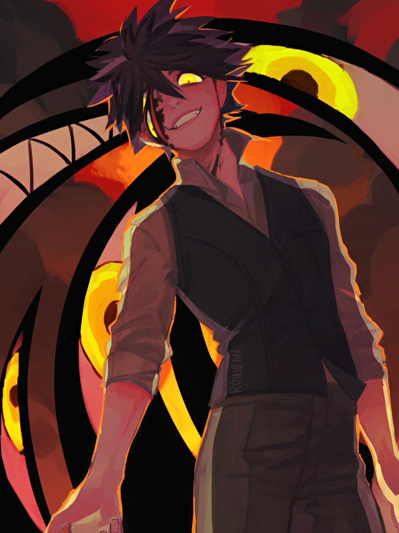 1boy black_hair evil_grin evil_smile fingernails fullmetal_alchemist glowing glowing_eyes grin hair_between_eyes kingdom_hearts male_focus parted_lips pride_(fma) rouwan sharp_teeth signature sleeves_rolled_up smile solo teeth torn torn_clothes vanitas yellow_eyes