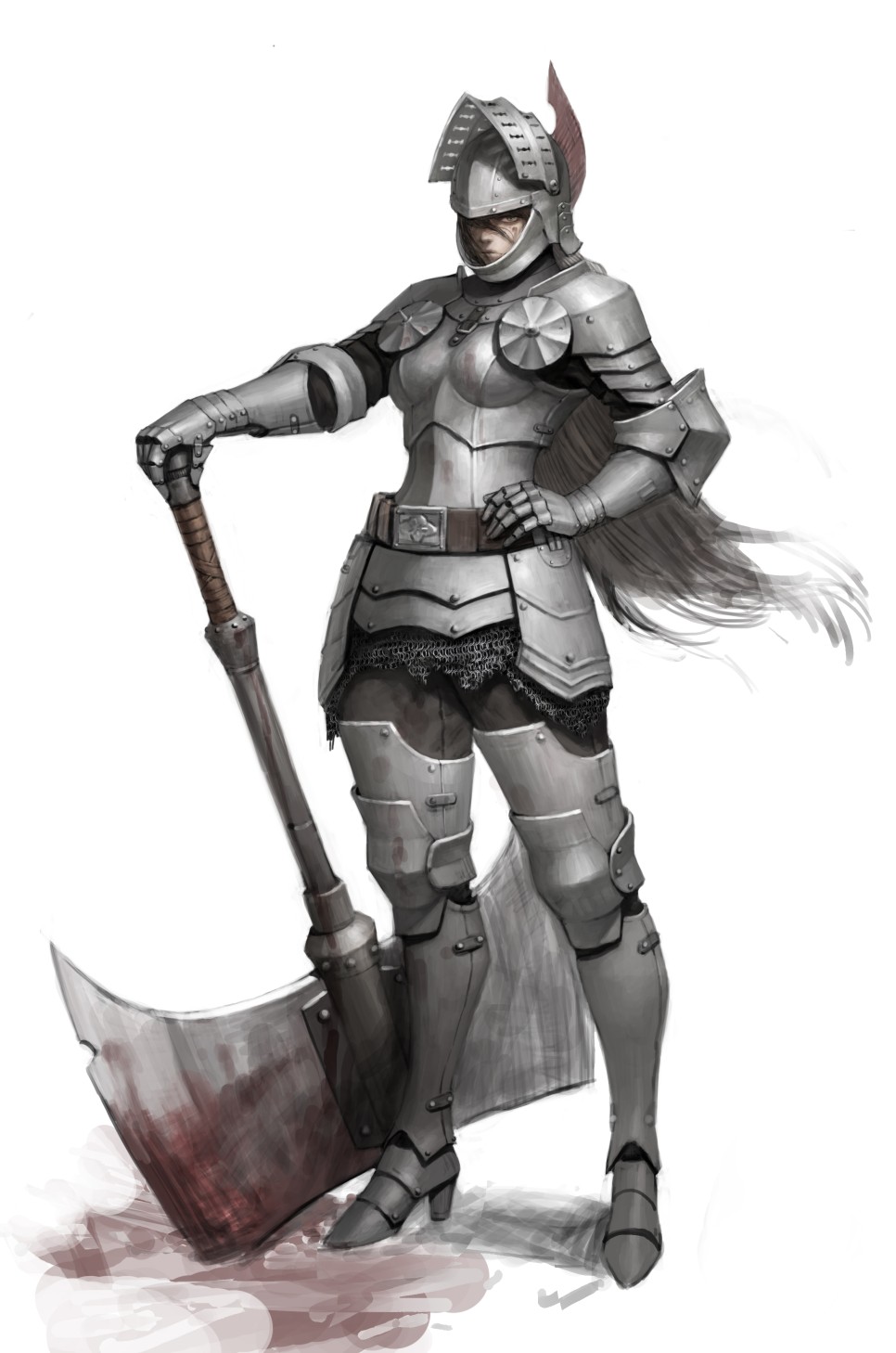 1girl armor axe belt black_hair blood bloody_clothes bloody_weapon boobplate breastplate carcass_(artist) chainmail closed_mouth full_armor gauntlets greaves green_eyes hair_over_one_eye hand_on_hip hand_on_weapon helmet high_heels highres huge_weapon knight long_hair original pauldrons planted_axe planted_weapon puddle sabaton shoulder_armor simple_background solo vambraces visor_(armor) weapon white_background