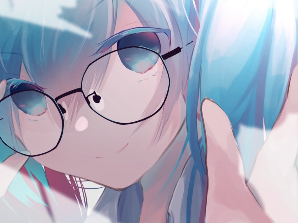 1girl against_fourth_wall bespectacled blue_eyes blue_hair close-up commentary fuyuzuki_gato glasses grey_shirt hand_up hatsune_miku light_smile looking_at_viewer shirt solo vocaloid