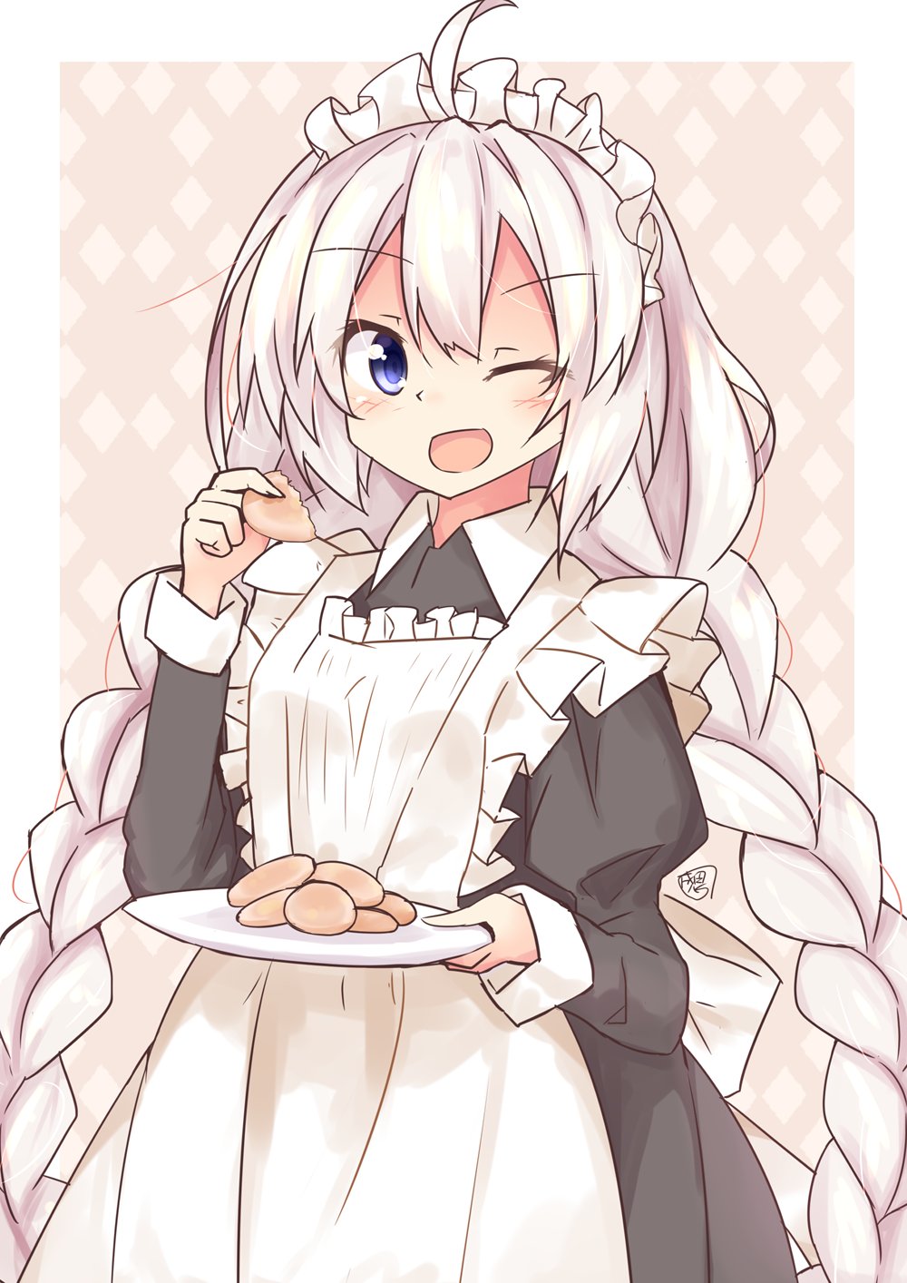 1girl apron black_dress blue_eyes braid commentary cookie dress food frilled_apron frills highres holding holding_cookie holding_plate inuhachi_(inukoro) kizuna_akari long_hair looking_at_viewer maid maid_headdress one_eye_closed open_mouth plate platinum_blonde_hair smile solo twin_braids upper_body very_long_hair voiceroid