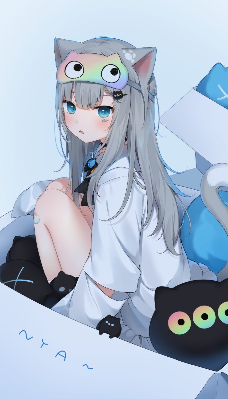 1girl amashiro_natsuki animal_ears bangs blue_background blue_eyes blush box cardboard_box cat_ears cat_girl cat_tail commentary_request eyebrows_behind_hair facial_mark from_side grey_hair hair_ornament hairclip highres in_box in_container indie_virtual_youtuber knees_up long_hair long_sleeves looking_at_viewer looking_to_the_side mask mask_on_head nacho_(amashiro_natsuki) parted_lips shirt sleep_mask solo tail very_long_hair virtual_youtuber white_shirt