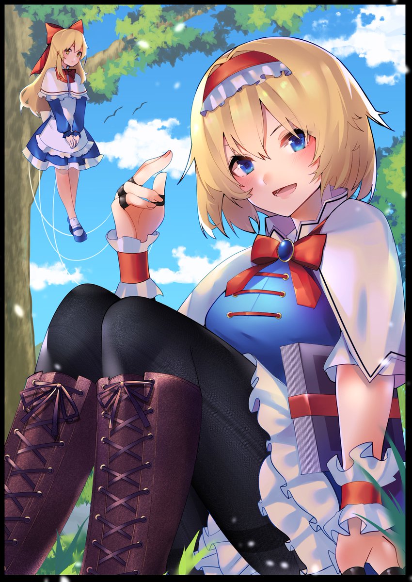 :d alice_margatroid bird black_legwear blonde_hair blue_eyes book boots bow bowtie brooch brown_footwear commission commissioner_upload cross-laced_footwear day doll duplicate hair_bow headband highres jewelry knee_boots lace looking_at_viewer medium_hair nikku_hikikomori open_mouth outdoors pantyhose puppet_strings red_bow ribbon ring shanghai_doll short_hair sitting skeb_commission smile string thighband_pantyhose touhou