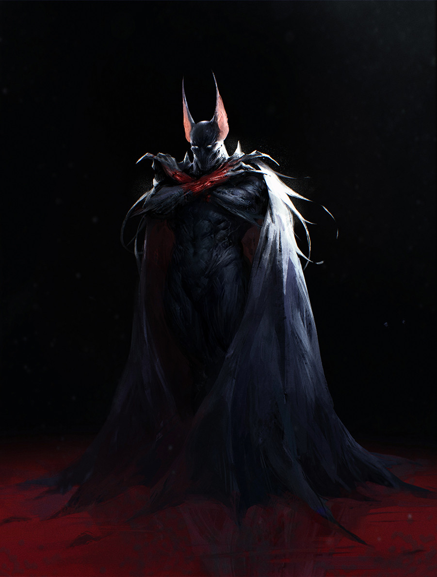 1boy alternate_design animal_ears bat_ears batman_(series) black_background black_cape cape claws dark long_fingers male_focus muscular navel no_mouth no_pupils painterly solo standing veins white_eyes xin_wang