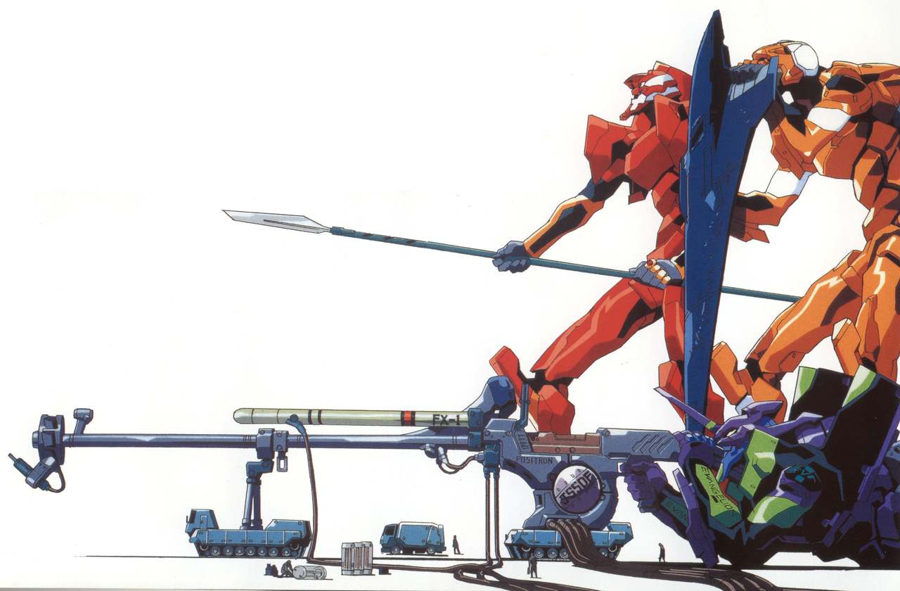 eva_00 eva_01 eva_02 gainax gun lance mecha military neon_genesis_evangelion no_humans official_art polearm rifle scan science_fiction shield sniper_rifle standing tatsunoko_pro weapon yoshinari_you