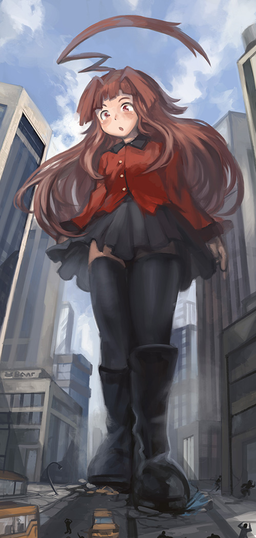 1girl :o ahoge alternate_costume black_footwear black_legwear black_skirt brown_hair building bus car cityscape crushing destruction giant giantess girls_und_panzer ground_vehicle hair_intakes huge_ahoge jacket kantai_collection kuma_(kantai_collection) long_hair long_sleeves motor_vehicle outdoors red_eyes red_jacket road size_difference skirt skyscraper st._gloriana's_military_uniform walking