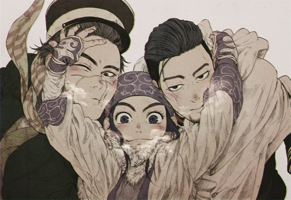 1girl 2boys ainu ainu_clothes arms_up asirpa bandana black_coat black_eyes black_hair black_jacket blue_bandana blue_eyes blush brown_hair cape closed_mouth coat collared_jacket commentary_request ear_piercing earrings facial_hair fur_cape golden_kamuy grey_background hair_slicked_back hair_strand hat hood hood_down hooded_cape hoop_earrings hug imperial_japanese_army jacket jewelry kepi long_hair long_sleeves looking_at_viewer military military_hat military_uniform multiple_boys ngy09 ogata_hyakunosuke one_eye_closed pale_color piercing scar scar_on_cheek scar_on_face scar_on_mouth scar_on_nose scarf short_hair simple_background smile star_(symbol) stubble sugimoto_saichi undercut uniform upper_body white_cape yellow_scarf
